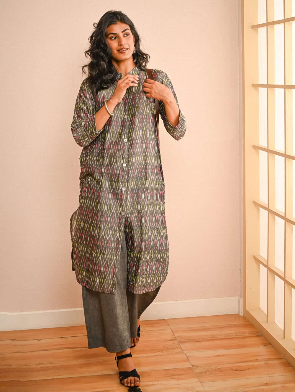 Work Chic. Handwoven Ikat Shirt & Palazzo Set - Grey Aztec (Set of 2)