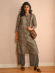 Work Chic. Handwoven Ikat Shirt & Palazzo Set - Grey Aztec (Set of 2)