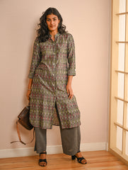 Work Chic. Handwoven Ikat Shirt & Palazzo Set - Grey Aztec (Set of 2)