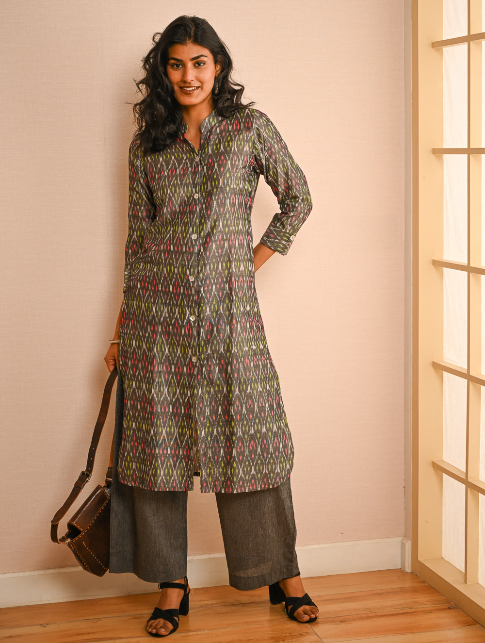 Work Chic. Handwoven Ikat Shirt & Palazzo Set - Grey Aztec (Set of 2)