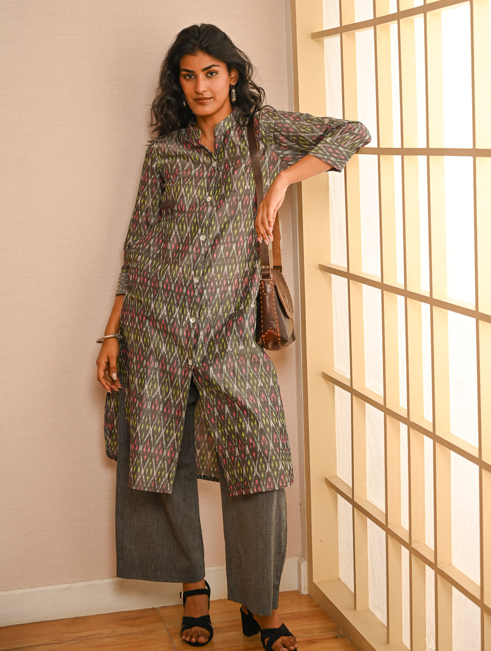 Work Chic. Handwoven Ikat Shirt & Palazzo Set - Grey Aztec (Set of 2)