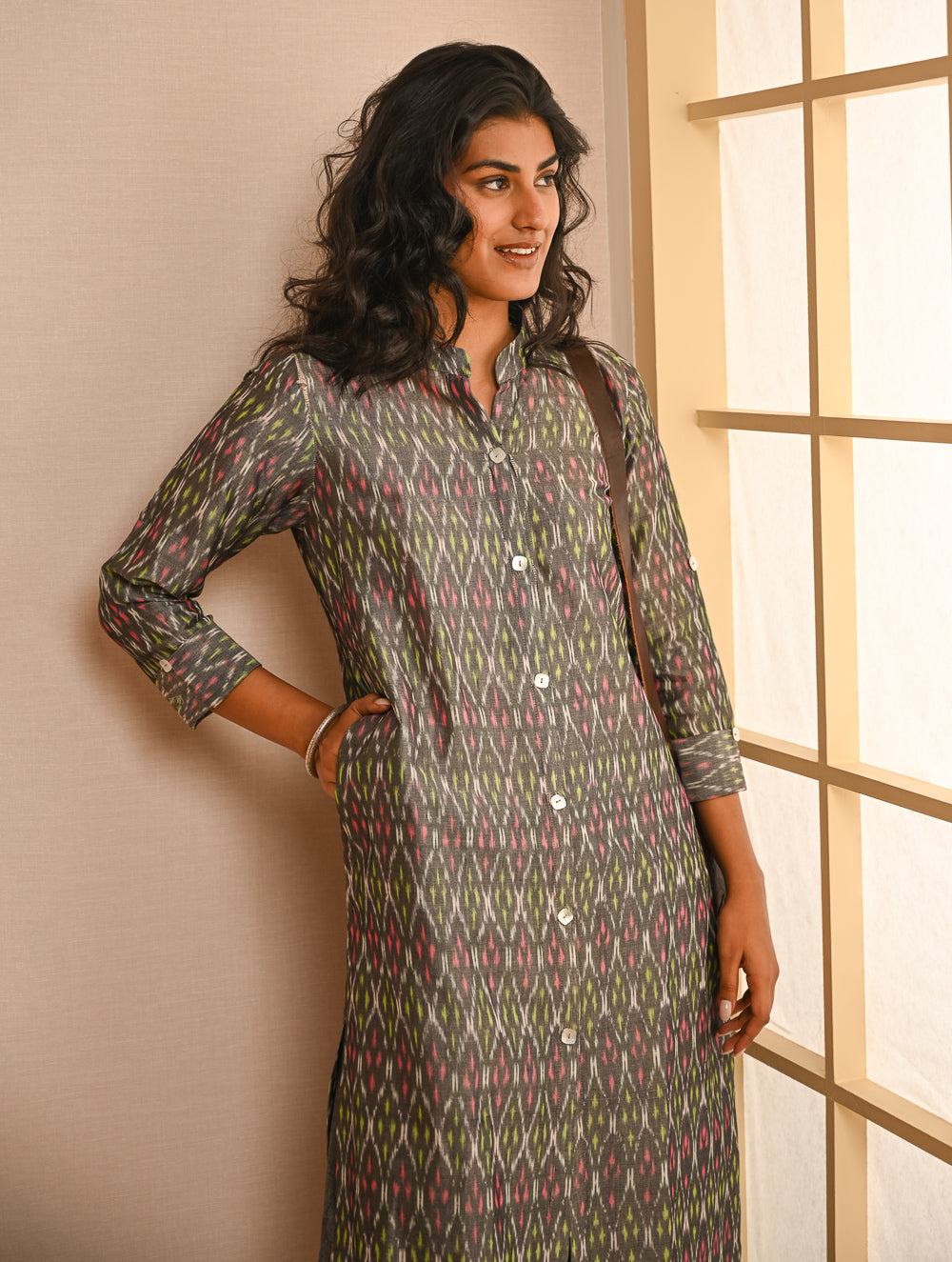 Work Chic. Handwoven Ikat Shirt & Palazzo Set - Grey Aztec (Set of 2)