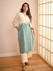 Work Chic. Handwoven Kashida Pattu Loose Fit Cotton Kurta - Mint & Cream Vibes 