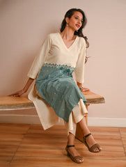 Work Chic. Handwoven Kashida Pattu Loose Fit Cotton Kurta - Mint & Cream Vibes 