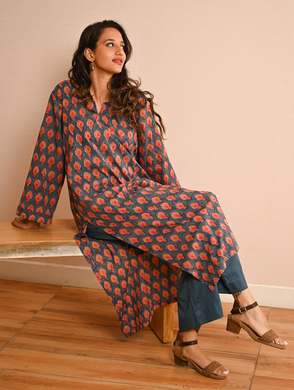 Work Chic. Sanganer Block Printed Loose Fit Cotton Kurta Set - Teal Motifs (Set of 2)