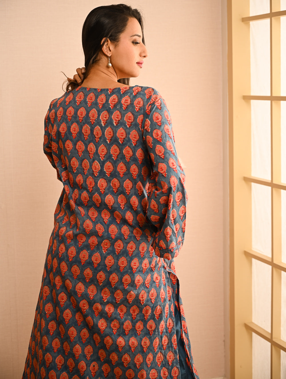 Work Chic. Sanganer Block Printed Loose Fit Cotton Kurta Set - Teal Motifs (Set of 2)