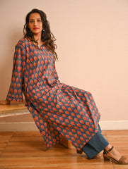 Work Chic. Sanganer Block Printed Loose Fit Cotton Kurta Set - Teal Motifs (Set of 2)