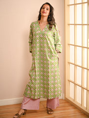 Work Chic. Sanganer Block Printed Loose Fit Cotton Kurta Set - Mint Ornate (Set of 2)