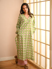Work Chic. Sanganer Block Printed Loose Fit Cotton Kurta Set - Mint Ornate (Set of 2)