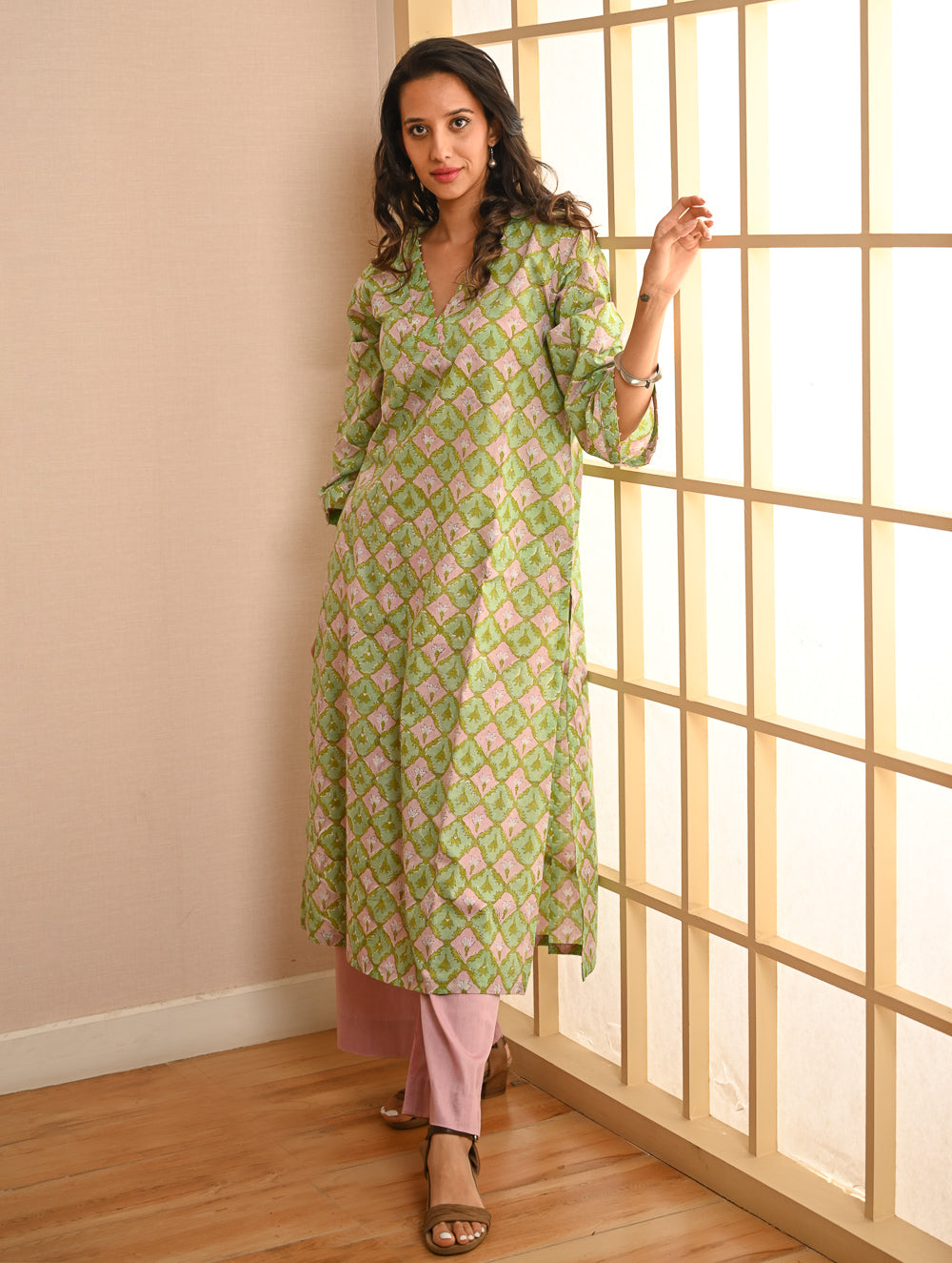 Work Chic. Sanganer Block Printed Loose Fit Cotton Kurta Set - Mint Ornate (Set of 2)