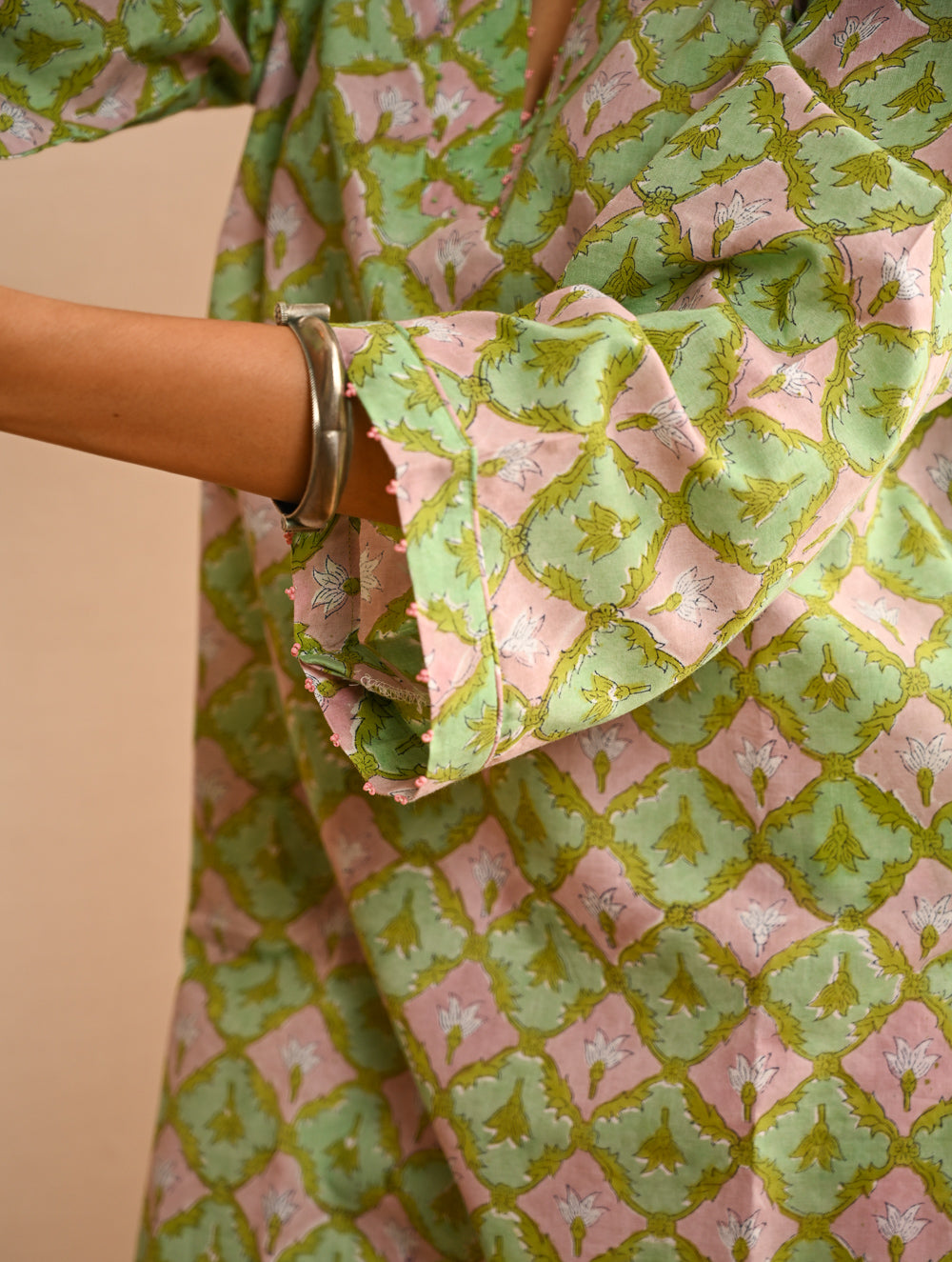Work Chic. Sanganer Block Printed Loose Fit Cotton Kurta Set - Mint Ornate (Set of 2)