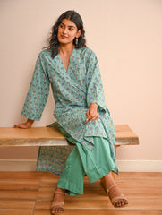 Work Chic. Sanganer Block Printed Loose Fit Cotton Kurta Set - Turquoise Motifs (Set of 2)