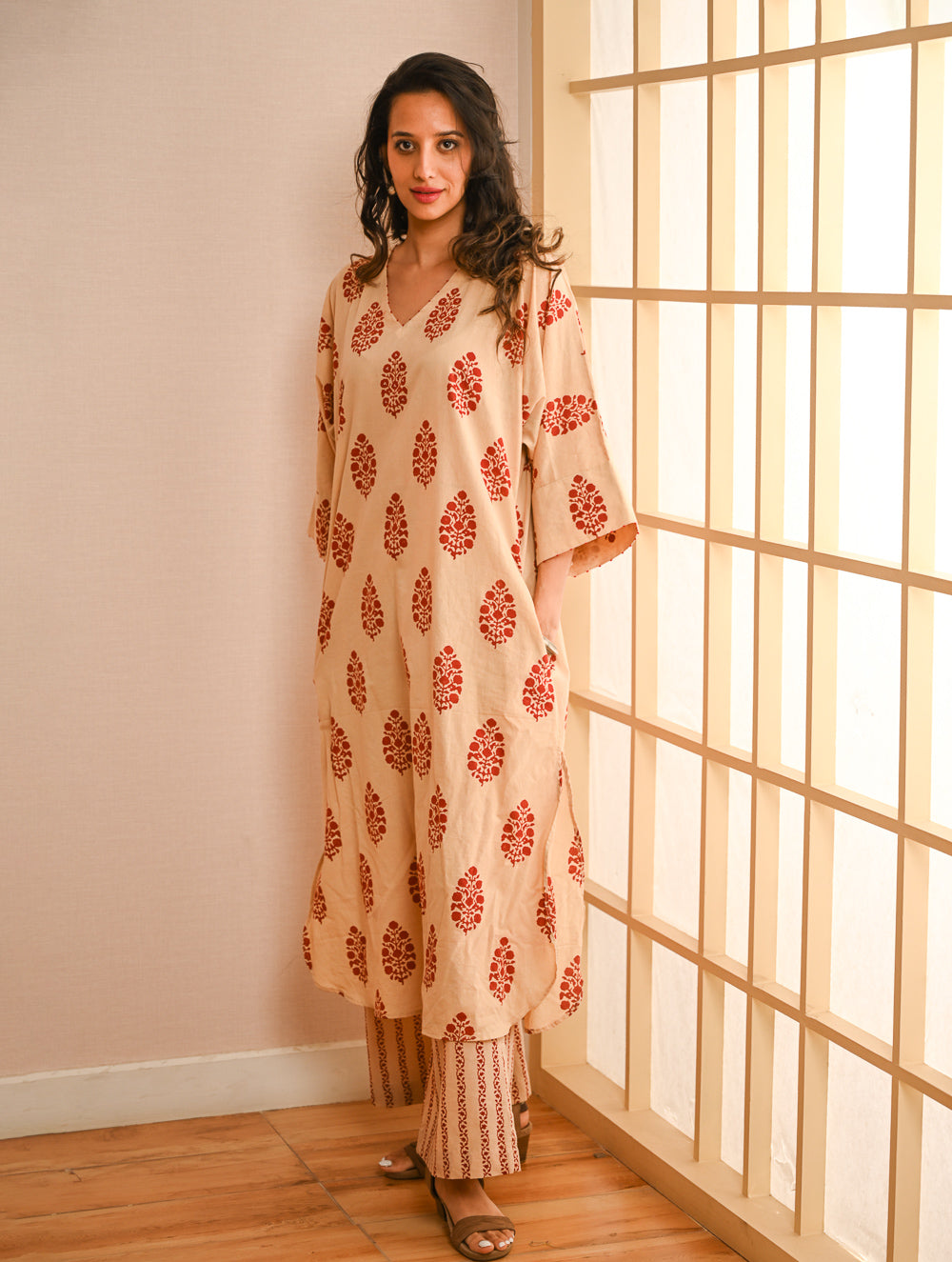 Work Chic. Sanganer Block Printed Ultra Loose Fit Cotton Kurta Set - Red Ornate (Set of 2)