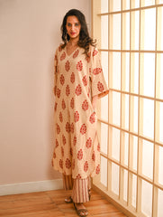 Work Chic. Sanganer Block Printed Ultra Loose Fit Cotton Kurta Set - Red Ornate (Set of 2)