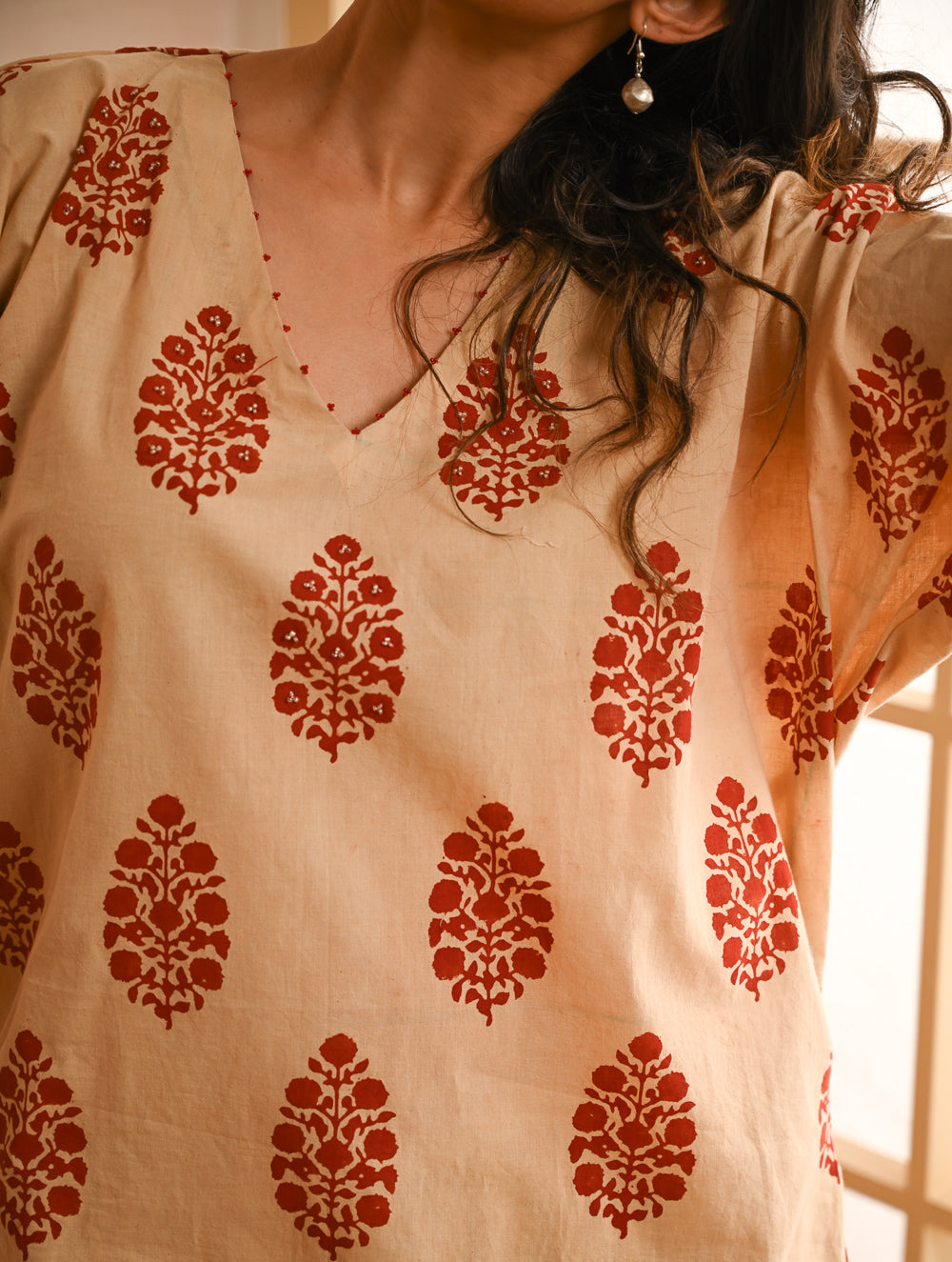 Work Chic. Sanganer Block Printed Ultra Loose Fit Cotton Kurta Set - Red Ornate (Set of 2)