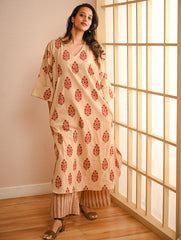 Work Chic. Sanganer Block Printed Ultra Loose Fit Cotton Kurta Set - Red Ornate (Set of 2)