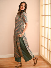 Work Chic. Sanganer Block Printed Straight Fit Cotton Kurta Set - Teal Rosa (Set of 2)