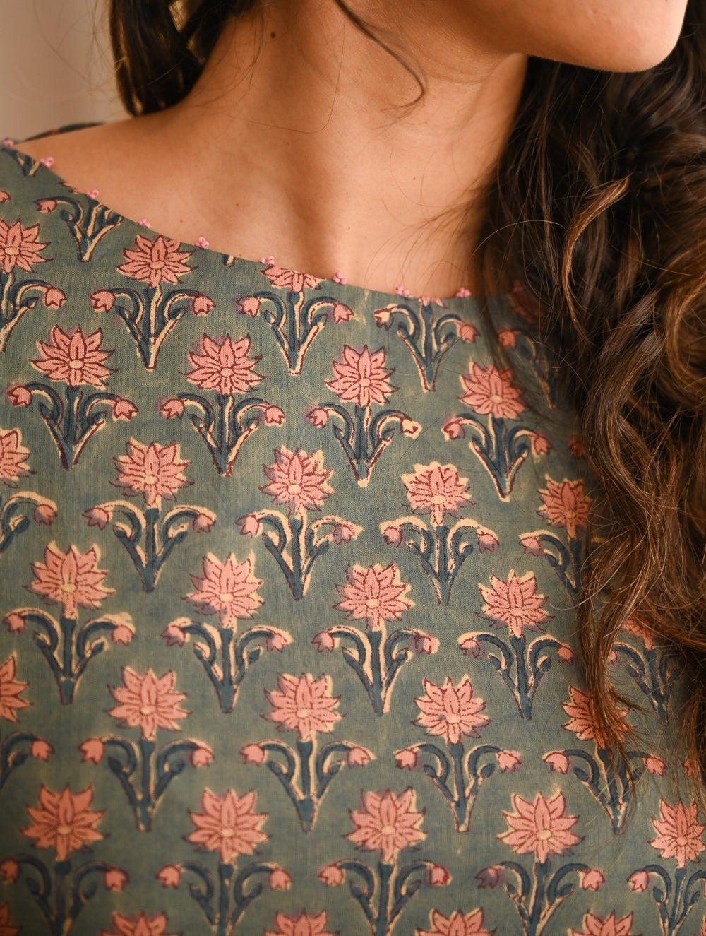 Work Chic. Sanganer Block Printed Straight Fit Cotton Kurta Set - Teal Rosa (Set of 2)