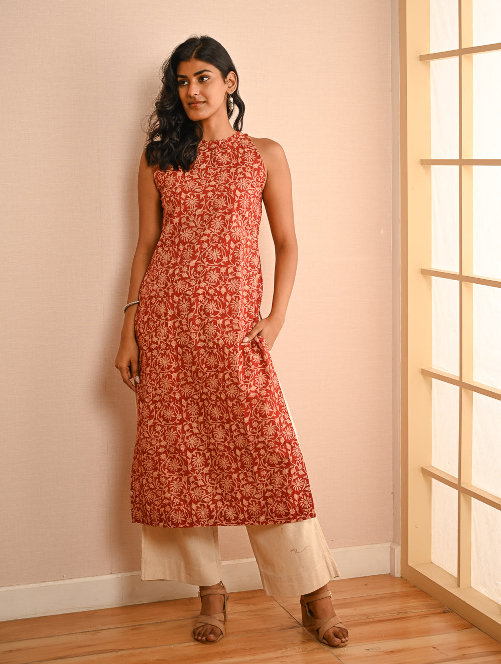 Work Chic. Bagru Block Printed Straight Fit Cotton Kurta Set - Brick Vines (Set of 2)