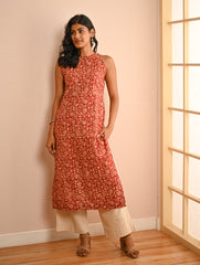 Work Chic. Bagru Block Printed Straight Fit Cotton Kurta Set - Brick Vines (Set of 2)