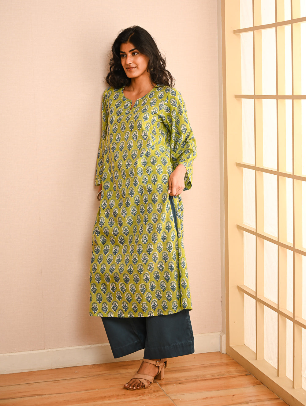 Work Chic. Sanganer Block Printed Loose Fit Cotton Kurta Set - Lime Vibes (Set of 2)