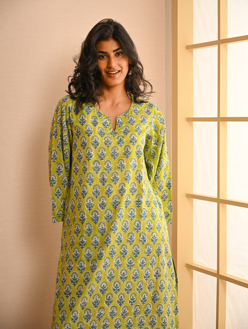 Work Chic. Sanganer Block Printed Loose Fit Cotton Kurta Set - Lime Vibes (Set of 2)