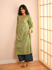 Work Chic. Sanganer Block Printed Loose Fit Cotton Kurta Set - Lime Vibes (Set of 2)