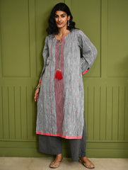 Ethnic Weaves. Bengal Handwoven Jamdani Light & Soft Mul Cotton Loose Fit Kurta - Soft Grey, (2 pc set)