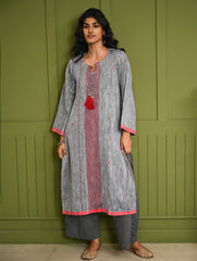 Ethnic Weaves. Bengal Handwoven Jamdani Light & Soft Mul Cotton Loose Fit Kurta - Soft Grey, (2 pc set)