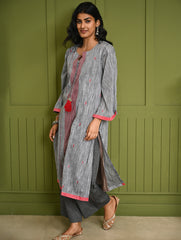 Ethnic Weaves. Bengal Handwoven Jamdani Light & Soft Mul Cotton Loose Fit Kurta - Soft Grey, (2 pc set)