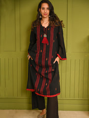 Ethnic Weaves. Bengal Handwoven Jamdani Light & Soft Mul Cotton Loose Fit Kurta - Stunning Black, (2 pc set)