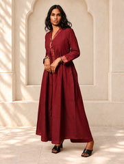 Regal Elegance. Mangalgiri Cotton Long Dress / Kurta Set - Deep Wine, (2 pc set)