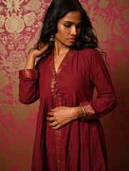 Regal Elegance. Mangalgiri Cotton Long Dress / Kurta Set - Deep Wine, (2 pc set) 