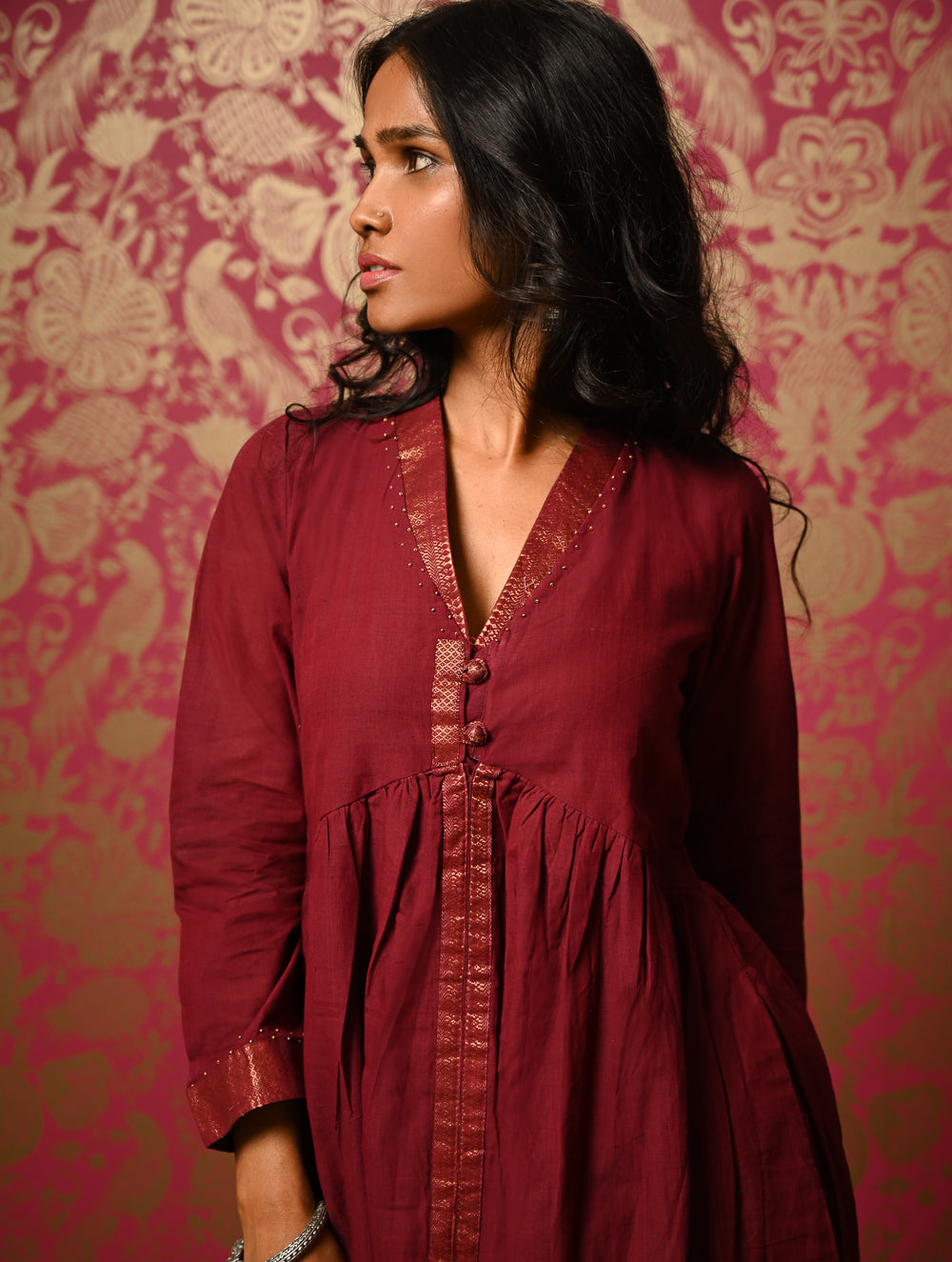 Regal Elegance. Mangalgiri Cotton Long Dress / Kurta Set - Deep Wine, (2 pc set) 