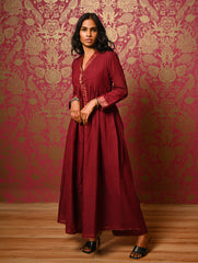 Regal Elegance. Mangalgiri Cotton Long Dress / Kurta Set - Deep Wine, (2 pc set) 