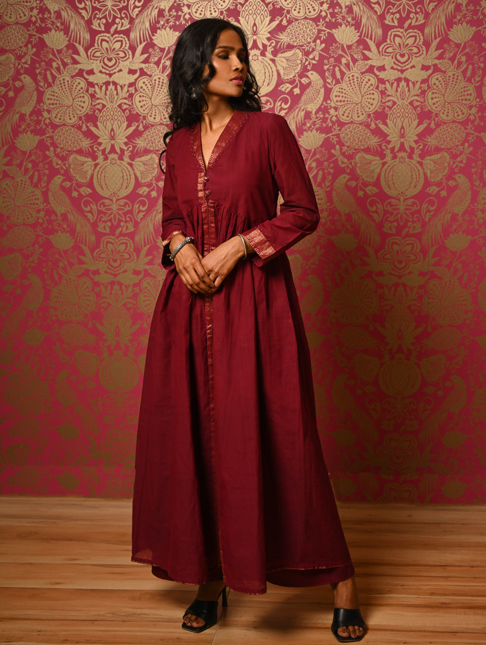 Regal Elegance. Mangalgiri Cotton Long Dress / Kurta Set - Deep Wine, (2 pc set) 