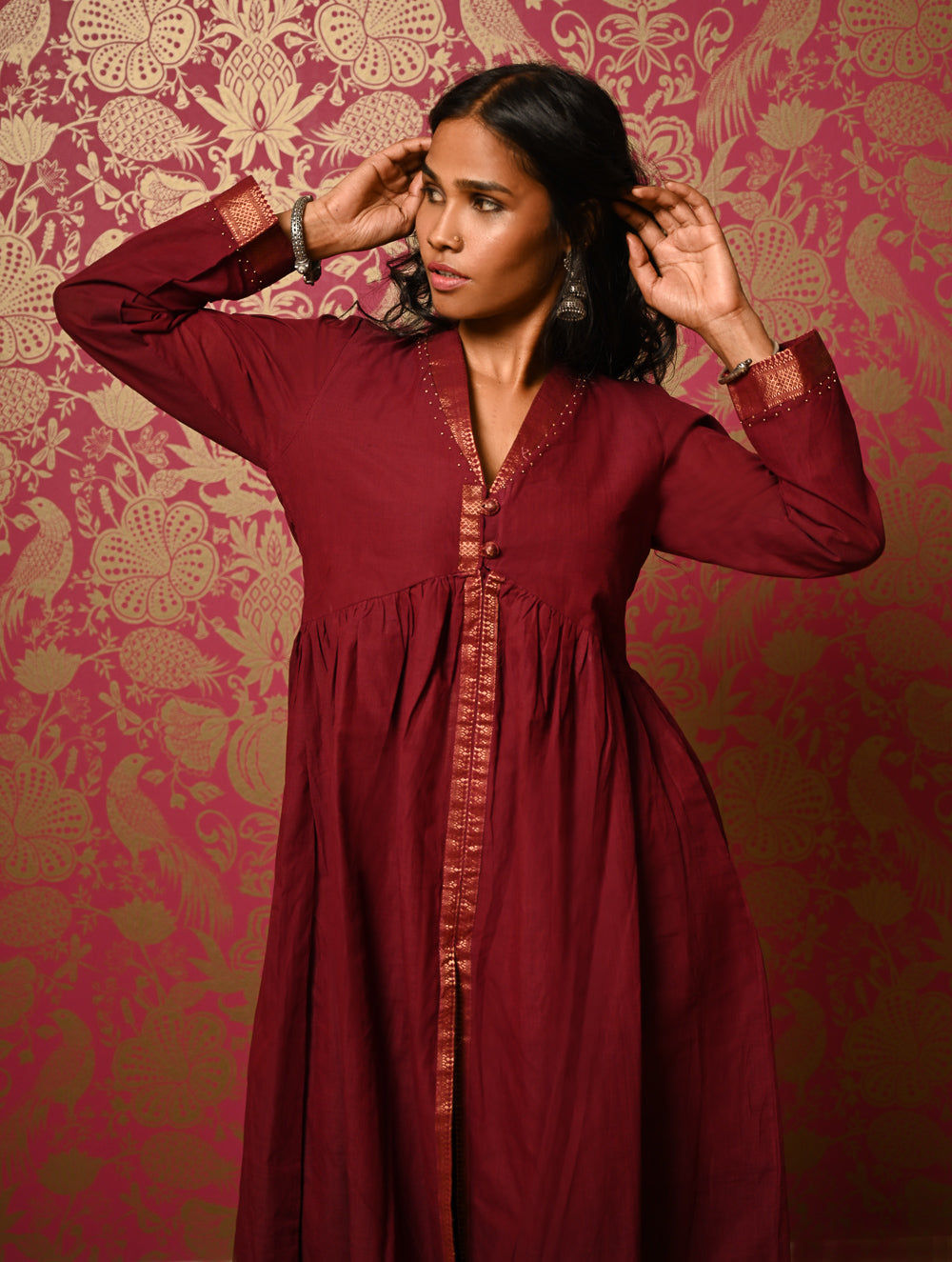Regal Elegance. Mangalgiri Cotton Long Dress / Kurta Set - Deep Wine, (2 pc set) 