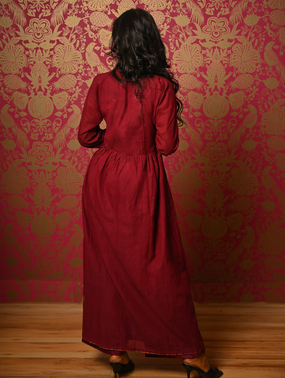Regal Elegance. Mangalgiri Cotton Long Dress / Kurta Set - Deep Wine, (2 pc set) 