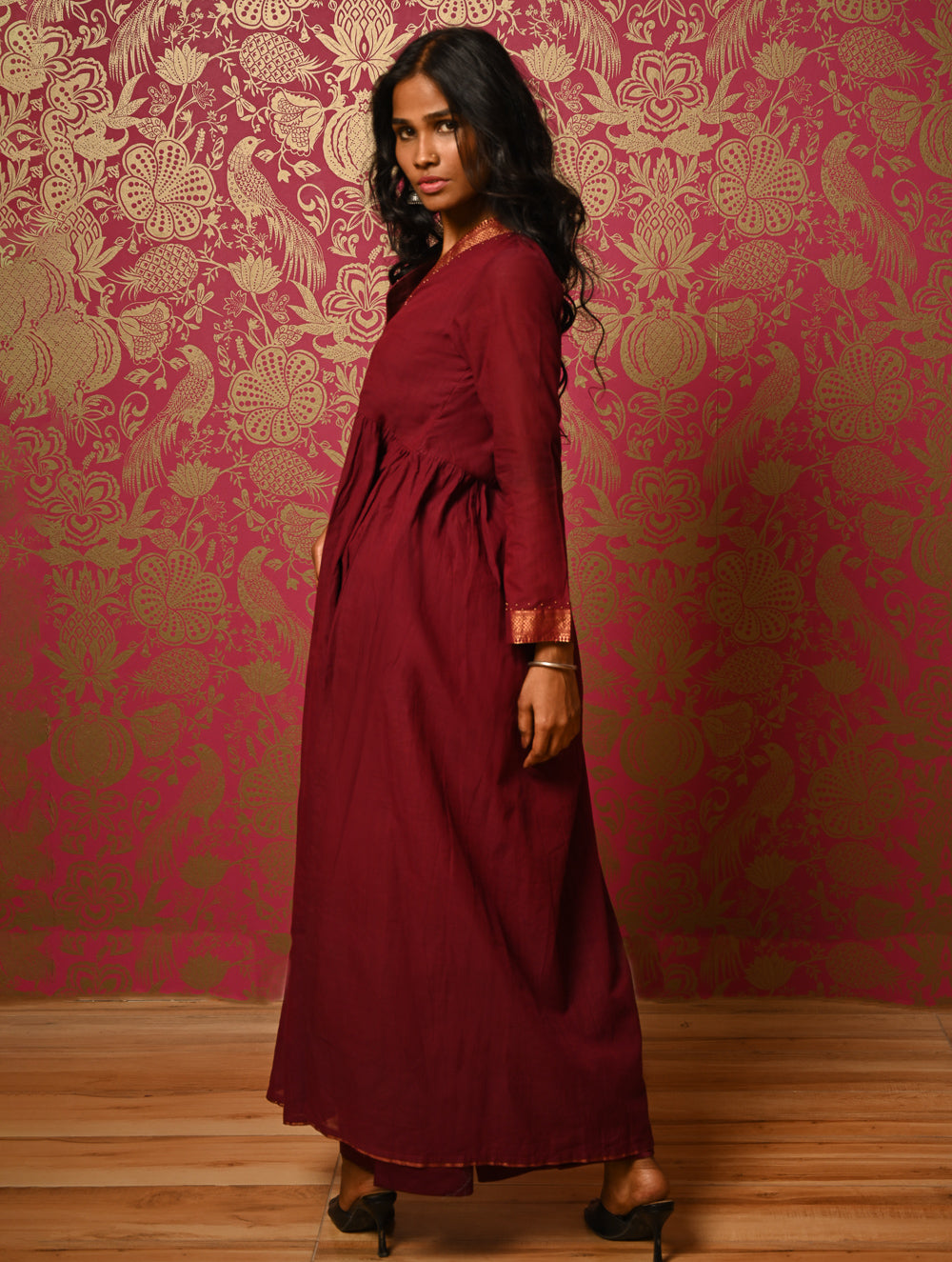 Regal Elegance. Mangalgiri Cotton Long Dress / Kurta Set - Deep Wine, (2 pc set) 