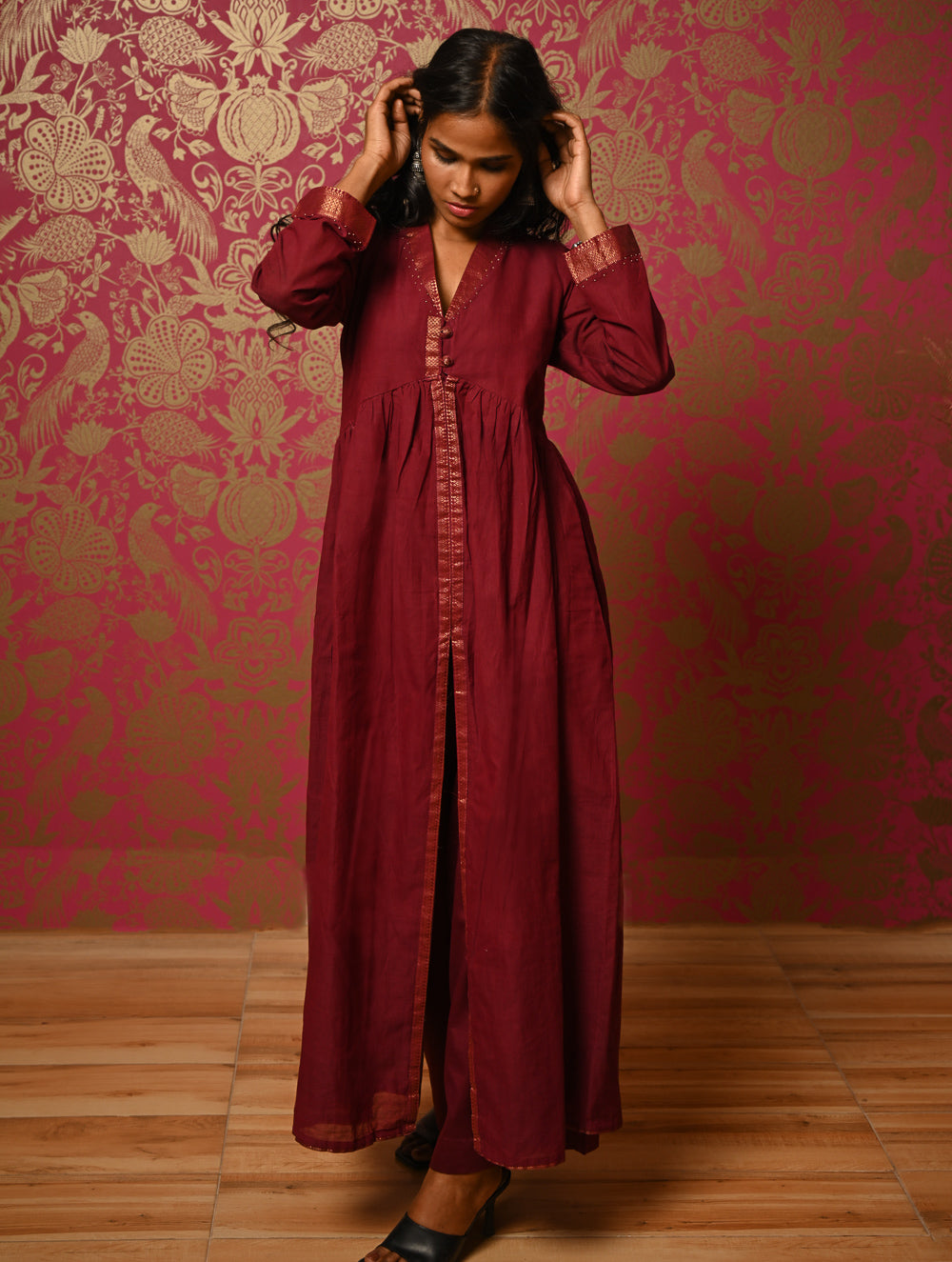 Regal Elegance. Mangalgiri Cotton Long Dress / Kurta Set - Deep Wine, (2 pc set) 