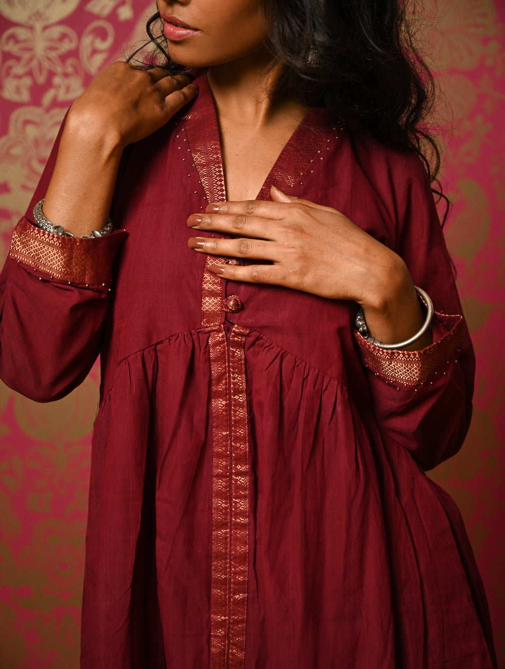 Regal Elegance. Mangalgiri Cotton Long Dress / Kurta Set - Deep Wine, (2 pc set) 