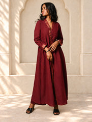 Regal Elegance. Mangalgiri Cotton Long Dress / Kurta Set - Deep Wine, (2 pc set)