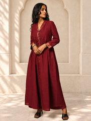 Regal Elegance. Mangalgiri Cotton Long Dress / Kurta Set - Deep Wine, (2 pc set)
