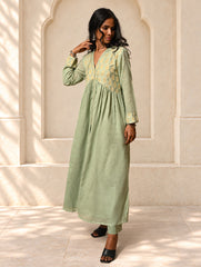 Regal Elegance. Benaras Cotton Long Dress / Kurta Set -  Mint Ornate, (2 pc set)