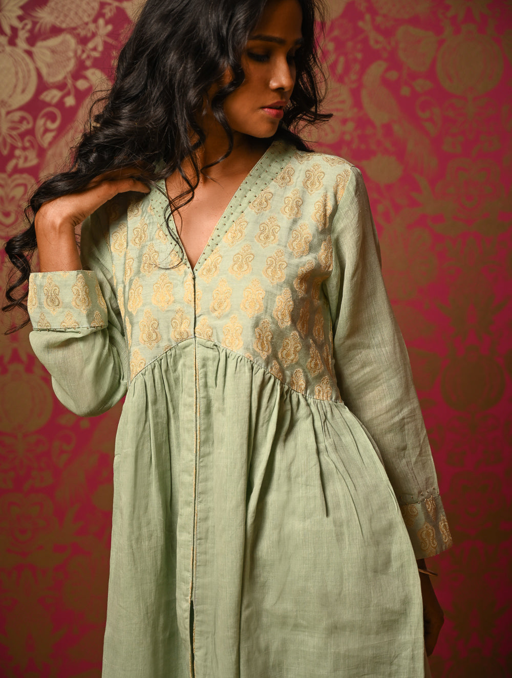 Regal Elegance. Benaras Cotton Long Dress / Kurta Set -  Mint Ornate, (2 pc set)