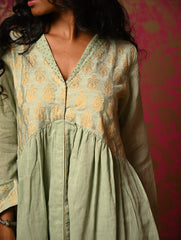 Regal Elegance. Benaras Cotton Long Dress / Kurta Set -  Mint Ornate, (2 pc set)