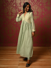 Regal Elegance. Benaras Cotton Long Dress / Kurta Set -  Mint Ornate, (2 pc set)