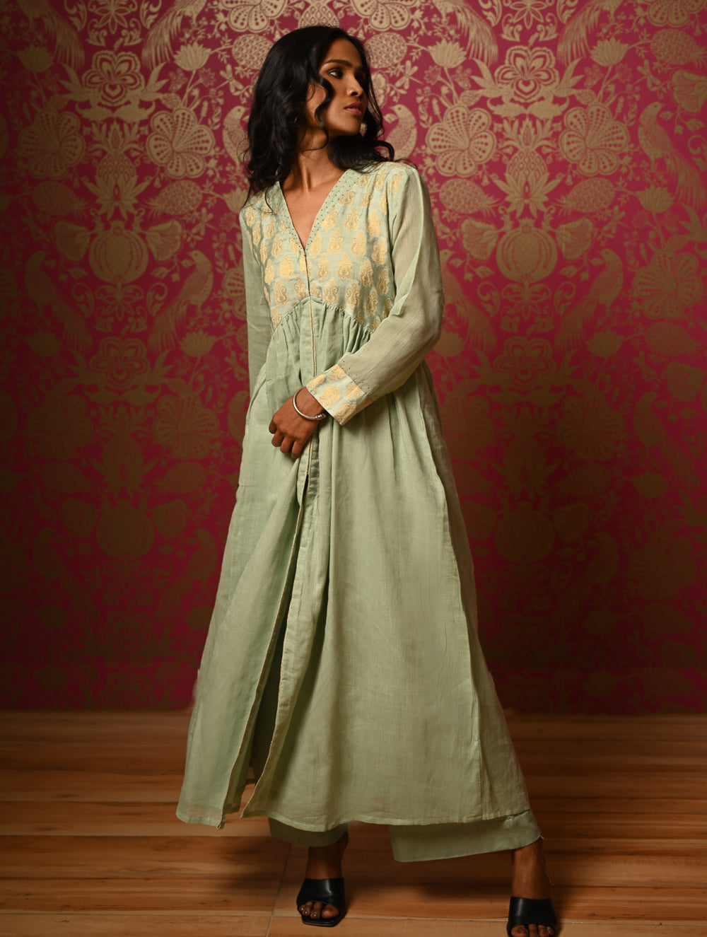 Regal Elegance. Benaras Cotton Long Dress / Kurta Set -  Mint Ornate, (2 pc set)