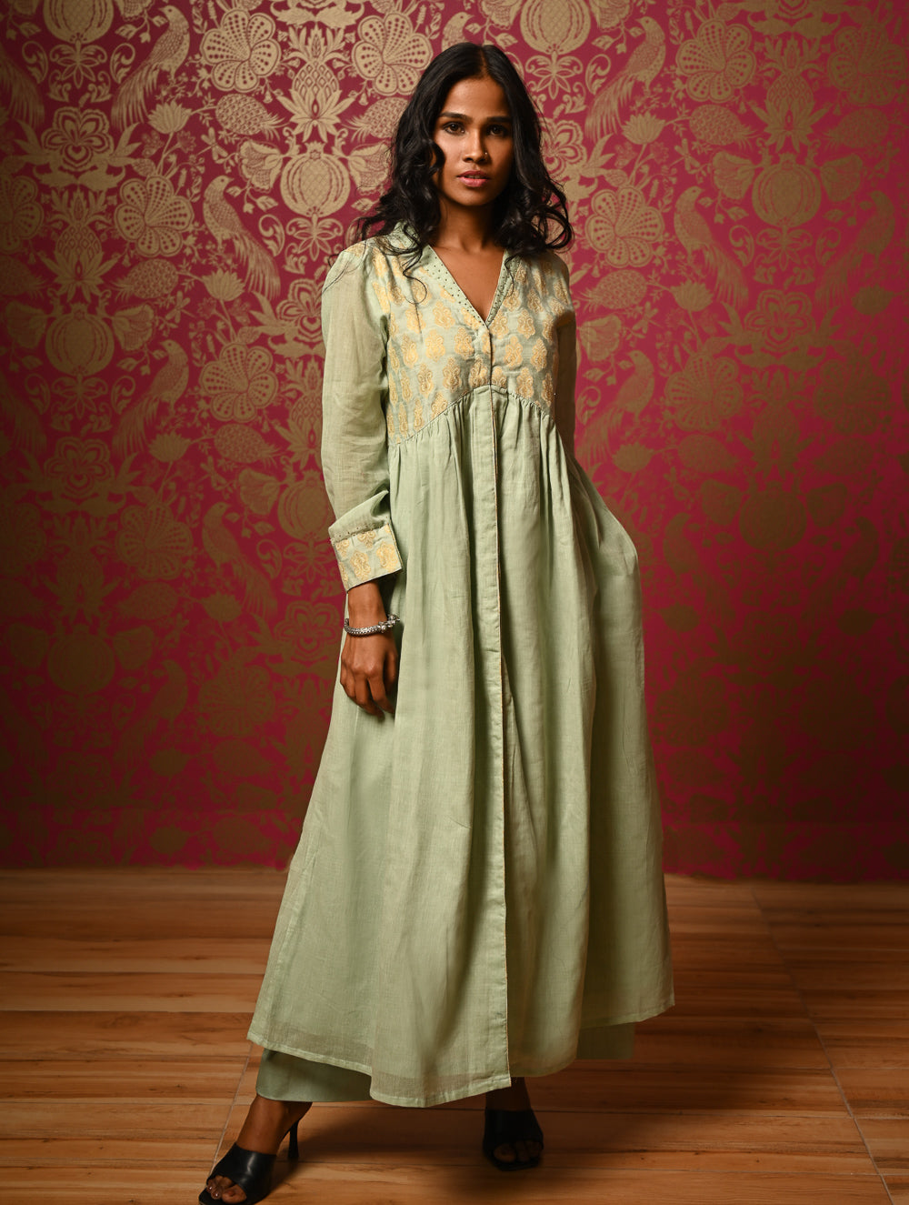 Regal Elegance. Benaras Cotton Long Dress / Kurta Set -  Mint Ornate, (2 pc set)