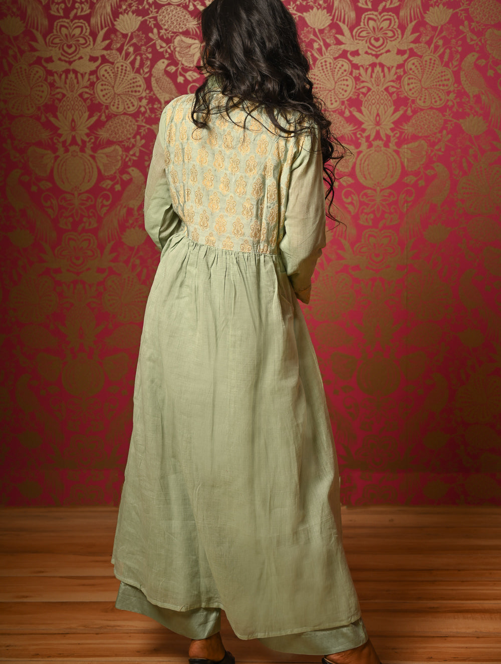 Regal Elegance. Benaras Cotton Long Dress / Kurta Set -  Mint Ornate, (2 pc set)